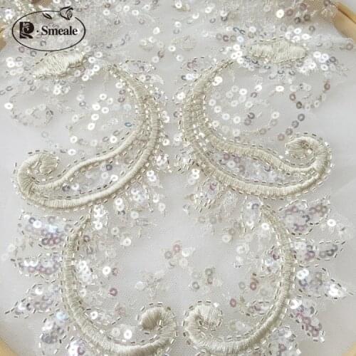 Silver Handmade Beads 3D Wedding Dress Applique DIY Bridal Headdress Ivory White Lace Collar Lace Fabric Patch RS2522