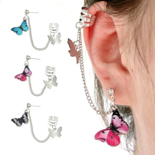 Chic Geometric Butterfly Earring Cuff Clip on Earrings Ear Bone Clip Metal Chain Earrings Ear Cuffs Women Jewelry