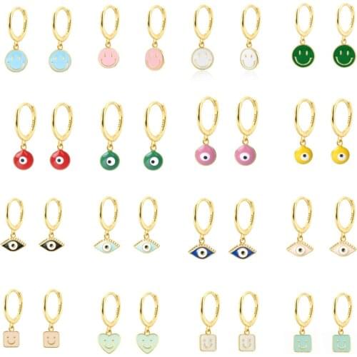 Silver Gold Color White Pink Enamel Smile Drop Earring Black Clips Pendiente Spring Summer Jewelry Hoop Earring for Women 2022