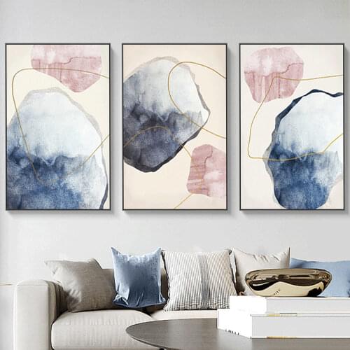 Nordic Style Geometric Color Block Poster Light Luxury Abstract Golden Line Canvas Painting Restaurant Living Room Decor Picture