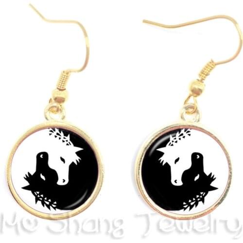 Two Horses Yin Yang Glass Earrings Symbol Jewelry Pendant Natural Rustic Boho Style Symbolizing Harmony Bring Good Luck
