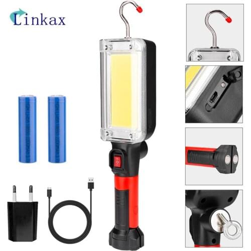 LED COB Work Light USB Rechargeable Portable Lantern Hook Magnet Camping Lamp Power 2*18650 Flashlight Torch Waterproof