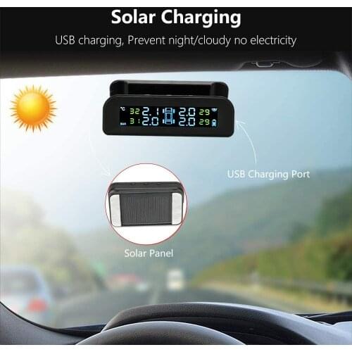 Universal TPMS Wireless Tire Pressure Monitoring System Solar Power Clock LCD Display 4 External Sensor Tire Pressure Sensors