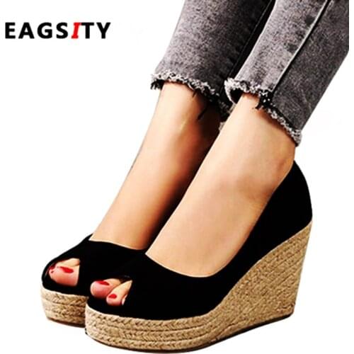 Suede pumps platform Peep toe wedges shoes women high heels slip on round toe ladies shoes casual espadrilles shoes rope sole