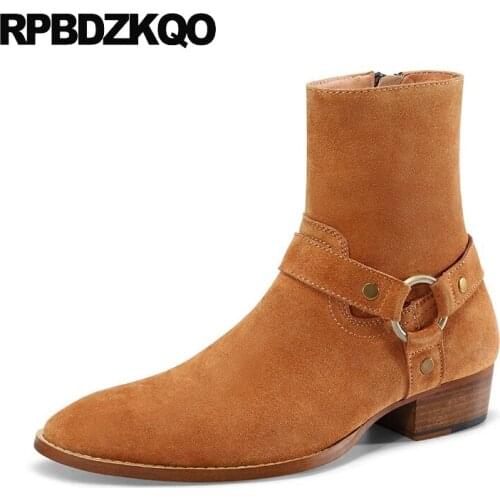 Zipper autumn chunky riding fall vintage motorcycle boots men pointed toe harness runway embellished plus size shoes suede ankle