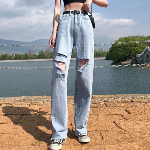 Fashion Loose Destroyed Hole Denim Jeans Casual Vintage Wide Leg Pants Trousers Fall 2020 Women