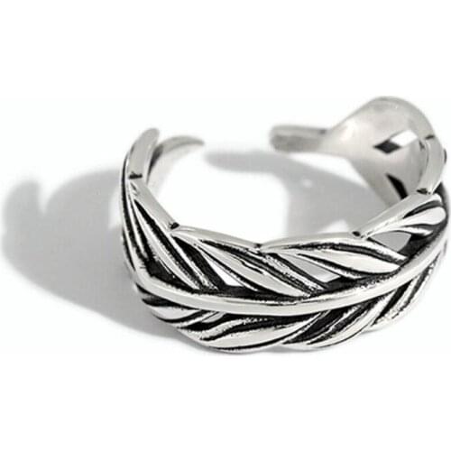 Sole Memory Cute Hollow Feather Leaves 925 Sterling Silver Female Resizable Opening Rings SRI877