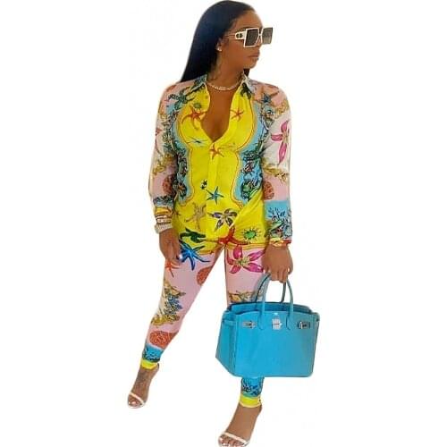 Sexy Print 2 Piece Set Spring Autumn Women Long Sleeve Shirt Blouse Top And Pants Sets Outfits Fashion Vintage Matching Sets
