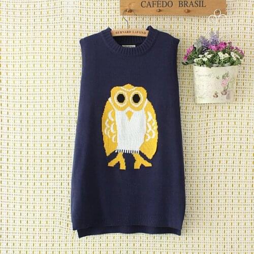 Plus size spring big loose vest sleeveless sweaters 2017 new fashion knitted O neck owl wool female top wear Pullovers