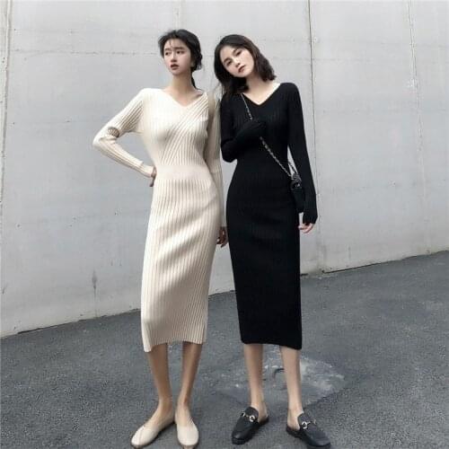 Women Knit Maxi Dress 2020 Autumn Winter Casual V-neck Long Sleeve Dress Slim Long Dresses