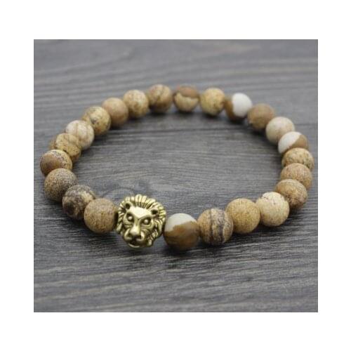 8mm ijt4 gold lion picture stone ball bead elastic thread adjusted Charm Bracelet Onyx Stone women men gift