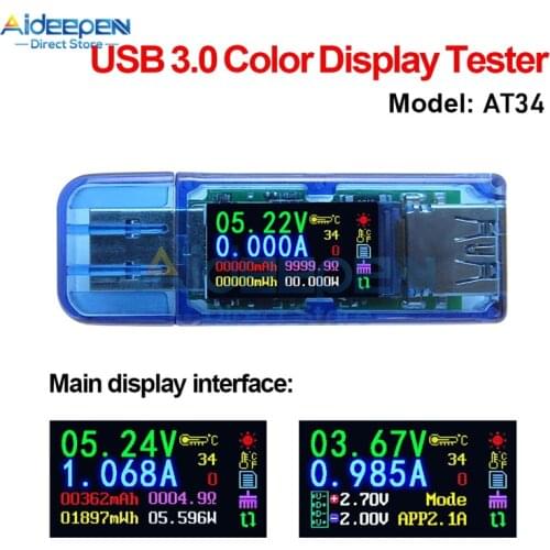 AT34 USB 3.0 Color LCD Display Voltmeter Ammeter Voltage Current Meter Multimeter Battery Charge Power Bank USB Tester