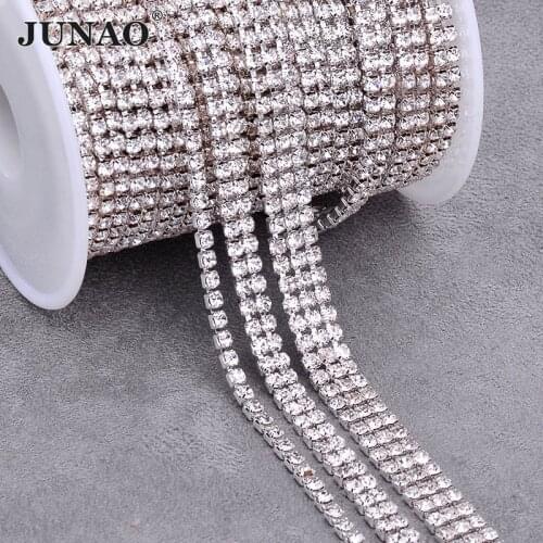 JUNAO 1 2 3 Rows 1Yard SS12 Clear Crystal Chain Rhinestones Trim Glass Stones Banding Jewelry Applique for Clothes Decor Crafts