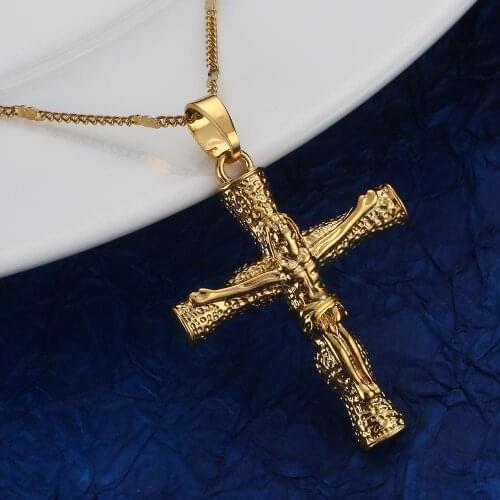 Gold Color Cross Pendant Necklace INRI Jesus Crucifix Christianity Trendy Cross Chain Jewely
