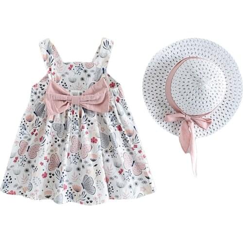 Kids Dresses For Girls Sleeveless Children Wedding Party Clothes Toddler Girl Butterfly Print Princess Vestido With Hat
