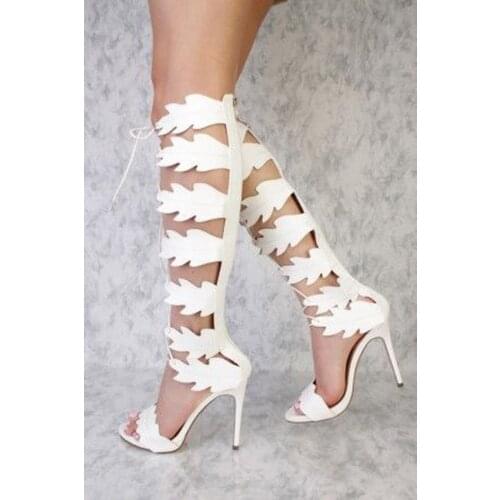 Summer Sexy Ladies Foliage Leaves Shape Lace up Sandals Boots Stiletto High Heels Women Open toe Cut Out Knee High Botas
