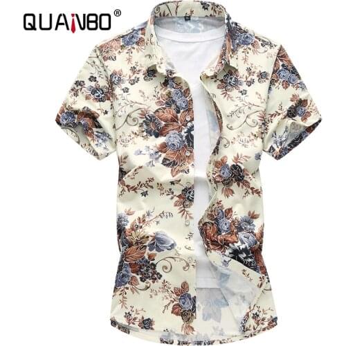 QUANBO New Arrival Summer Casual Shirts Men Brand Clothing Mens Floral Short Sleeve Plus size M-6XL 7XL Camisa masculina