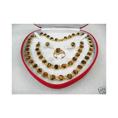 Women real latest design Nobility Lucky Women tigers eye gem yellow gold Earring Bracelet Necklace Ring With Box