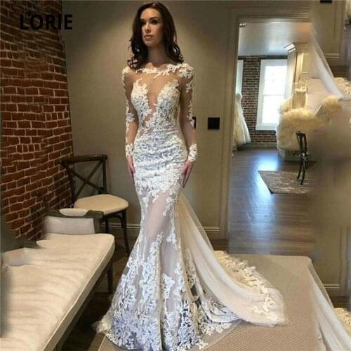 LORIE 2020 New Long Sleeve Wedding Dresses Mermaid Turkey Boho Bridal Gowns Illusion Back Court Train Vintage Marriage Plus Size