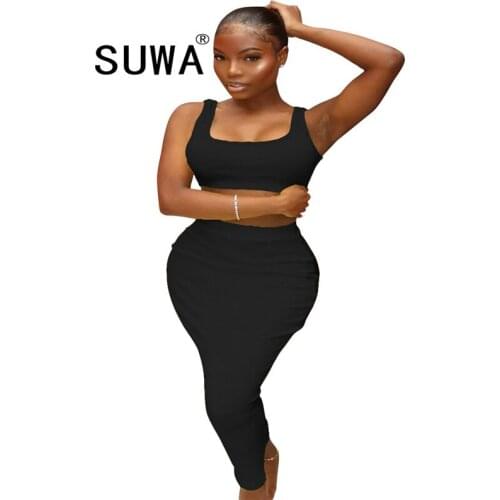 2020 New Women Solid Sexy Club Party Maxi dress Tanks Tops Bodycon Midi Long Skirt Suit Two Piece Set Active Wear Tracksuit