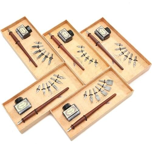 Natural retro mahogany dip pen set novel and unique pentip gift box five-pieceset different styles suitable for officecollection