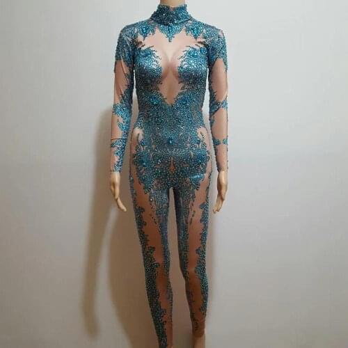 Blue Stones Sparkly Jumpsuit Fashion Sexy Nude Stretch Dance Costume One-piece Bodysuit Nightclub Oufit Party Leggings