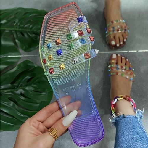 Summer 2021 Euro-American Women Shoes Square Diamond Dazzle Color Flip-toe Flat Slippers Female Large Size Multi Diamond Slides