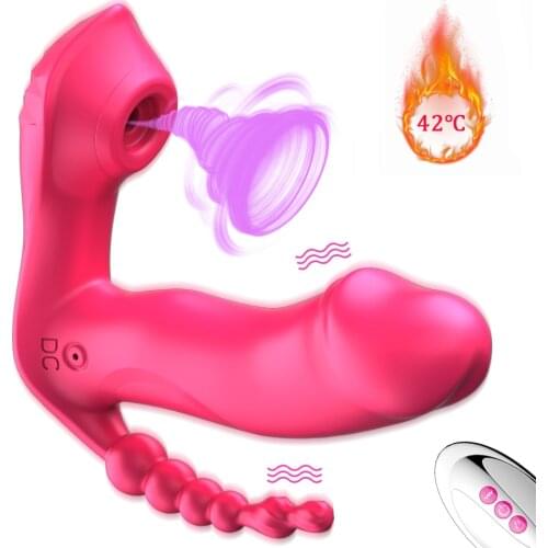 3 IN 1 Sucking Vibrator Heating Wearable Dildo Vibrator Anal Vagina Clitoris Stimulator Sex Toys for Women G-spot Oral Suction
