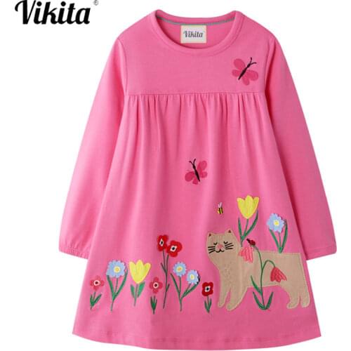 VIKITA Kids Dresses for Girls Children Flower Animals Appliqued Princess Cotton Clothes Dresses Kids Girls Long Sleeve Dresses