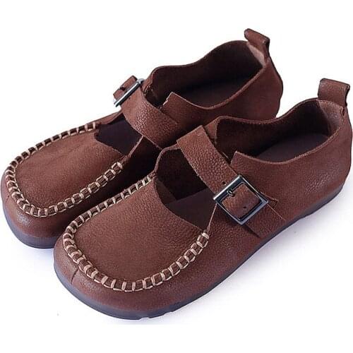 YourSeason Ladies Genuine Leather 2021 Spring Autumn Shoes Handmade Concise Shallow Women Buckle Strap Flats Round Toe