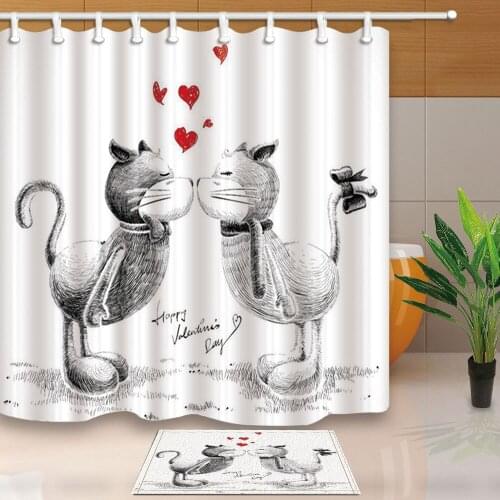 High Quality Shower Curtains Sketch Cats Love Bath Screens Home Decor Polyester Fabric Waterproof and Mildew Proof with 12 Hooks