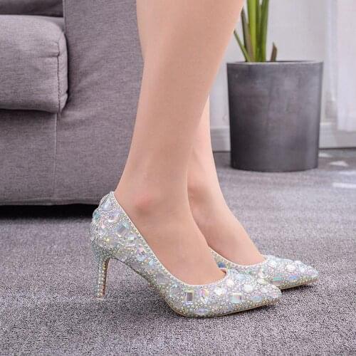 Crystal Shoes Cinderella Women Heels For Evening Party Glittering Round Toe Custom Silver Rhinestone Wedding Pumps Puls Size