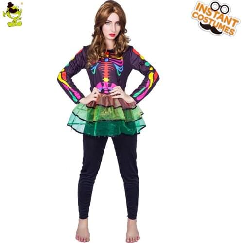 Womans Colorful Skeleton Costume with Bones Print Adults Halloween Party Pretty Lady Dress-up Fancy Costumes
