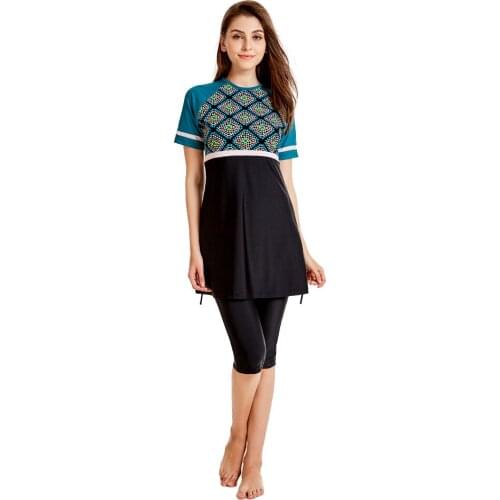 2021 Women Muslim Swimsuit Plus Size Islamic Burkinis With Swim Hat Sport Swimwear Ladies Short Sleeve -40