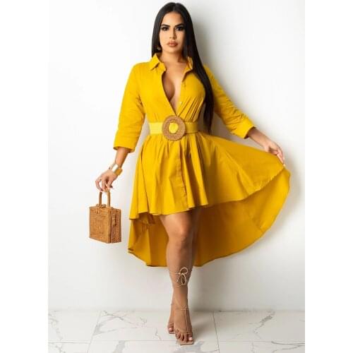 2021 New Arrival Fashion Design Dress Solid Turn-down Collar Long Sleeve Office Lady Midi Dress Vestidos