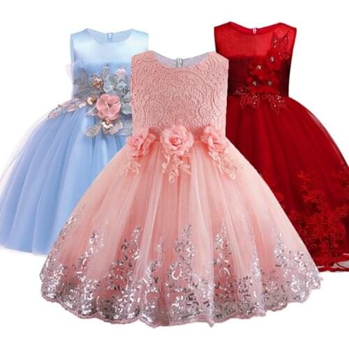2020 Lace Sequins Formal Evening Wedding Gown Tutu Princess Dress Flower Girls Children Clothing Kids Party For Girl Clothes