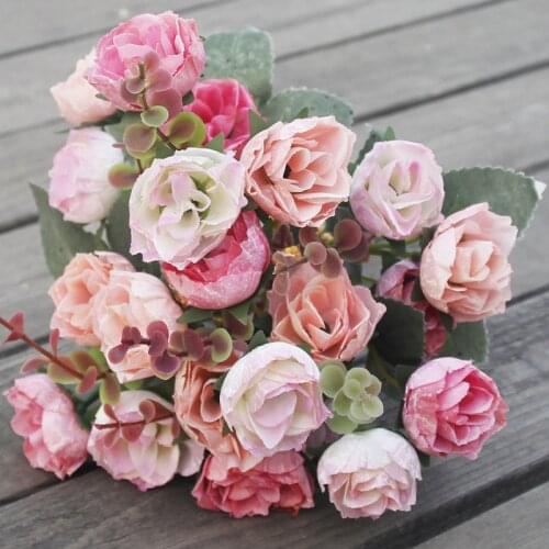 21 Heads/bunch Tea Rose Bud Artificial Flower Silk Peony Bouquet Vases For Home Decoration Wedding Decorative Flower Fake Plants