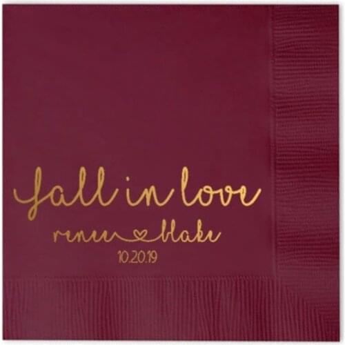 50pcs Personalized Napkins Beverage & Luncheon Size Available Wedding Napkins Shower Engagement Custom Monogram Fall in Love