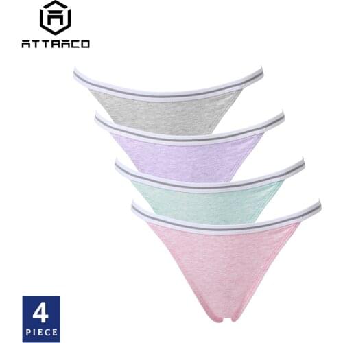 ATTRACO Womens Thong Underwear String Panties Tanga Briefs Solid Soft Cotton Pack of 4 Pieces Sexy Comfortable
