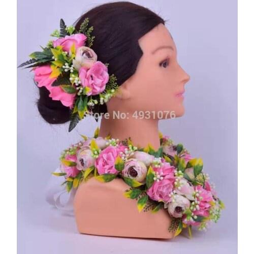 Free Shipping HL00002SET 24sets/lot 64 cm Artifical Silk Rose Short Lei&Hair Clip Tropical Flower Women Wear Hawaiian Necklace