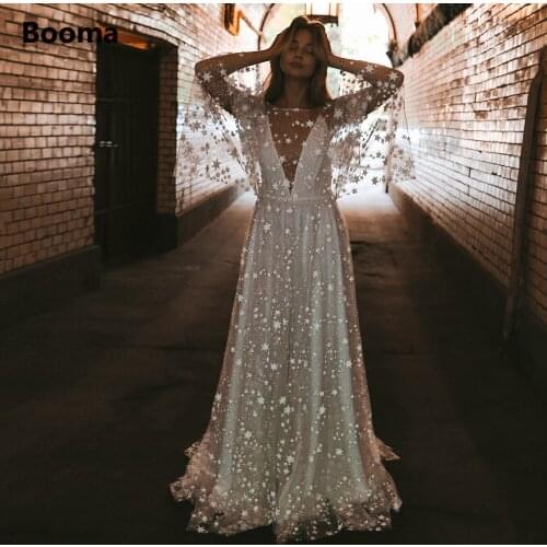 Booma Starry Lace Boho Wedding Dresses Deep V-Neck Backless Bohemian Bride Dresses Sheer Long Sleeves A-Line Tulle Wedding Gowns