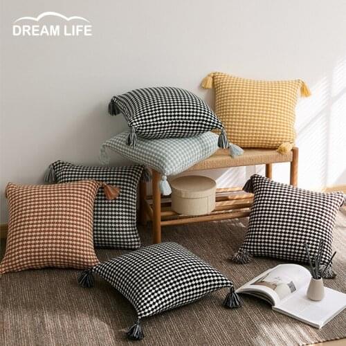 Pillow Case Tassels Plaid Cushion Cover Knit Pattern Throw Pillow Covers Decorative 45x45cm For Sofa Bedroom Kidroom Home Decor