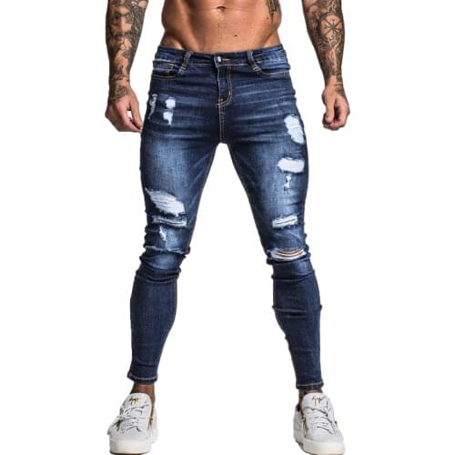 Gingtto Mens Skinny Stretch Repaired Jeans Dark Blue Hip Hop Distressed Super Skinny Slim Fit Cotton Comfortable Big Size zm34