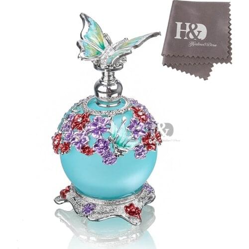 H&D 23ml Handmade Ladys Gift Empty Blue Butterfly Perfume Bottle Antique Glass Refillable Essential oil Container Wedding Decor