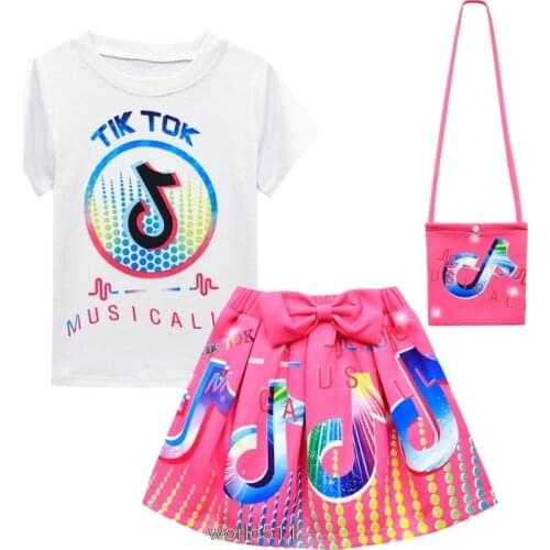 Tik Tok Toddler Kids Girls Clothes Set Summer Cartoon Short Sleeve T-shirt Tops+Skirt Outfit Childred Suit for Girl New 3PCS