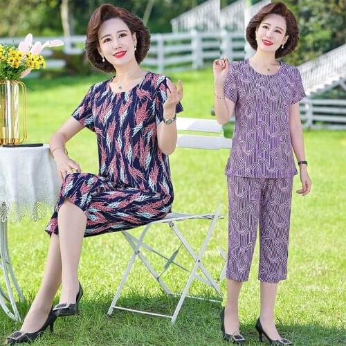 2 Pcs Sets Middle-aged and Elderly Womens Suits Vintage Fashion Print T-shirt Tops & Casual Pants Mother Summer Clothing 5XL