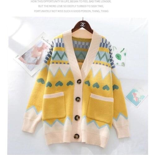 Korean Loose Knitted Cardigan Female Jacket Single-Breasted V Neck Woman Sweaters Coat Casual Oversize Cardigan Mujer