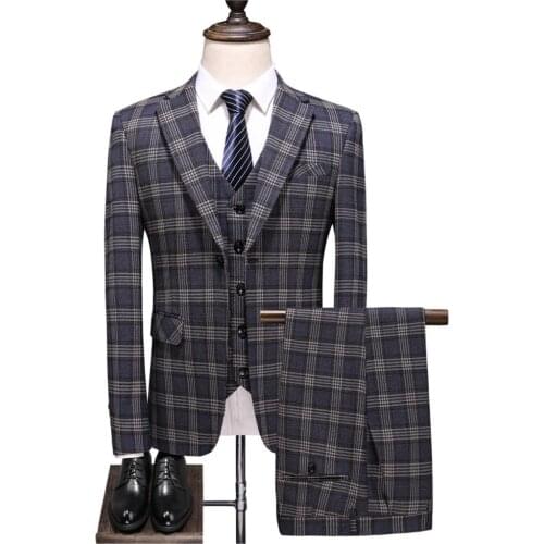Mens Suits single-breasted Classic Plaid Suit Set Dress Male Slim Fit Tuxedo Wedding Evening Formal Casual Suit 5XL