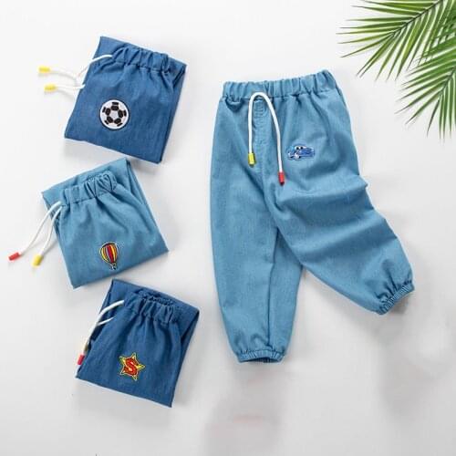 Summer Boys Mosquito Jeans Cute Pattern Design Casual Loose Pants For 12M-5T Childrens Trousers Clothes Blue