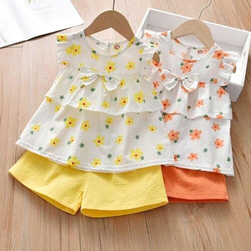 Summer Newborn Infant Outfits Children Clothing Set Sleeveless Floral T-Shirt+Solid Color Pant 2 Pcs Set For 1-6 Years Old Girls